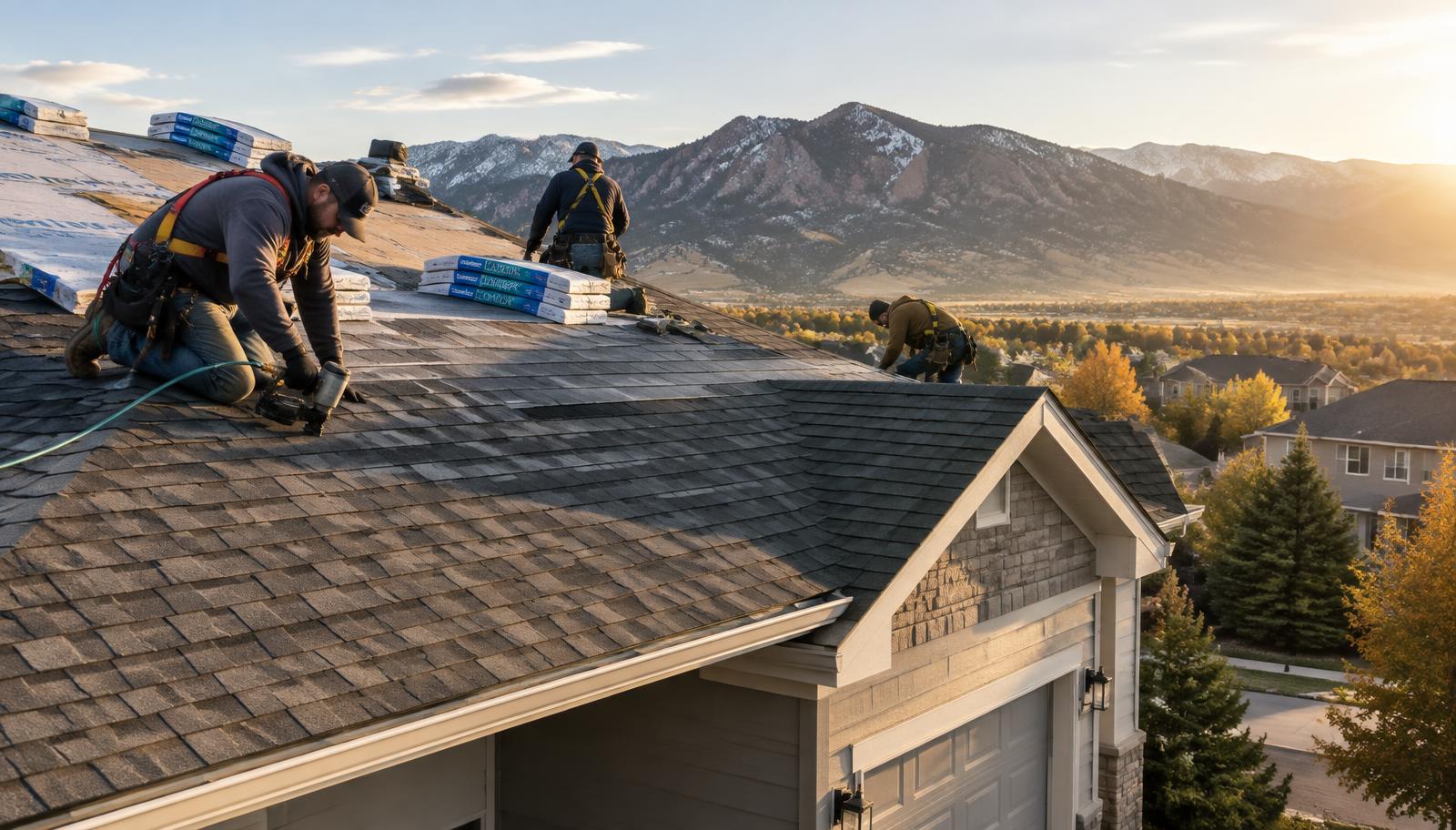 Roofing crew installing shingles on a Lakewood home