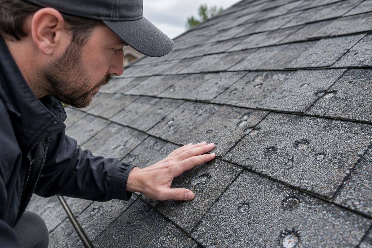 Roofer inspecting hail-damaged asphalt shingles in Lakewood